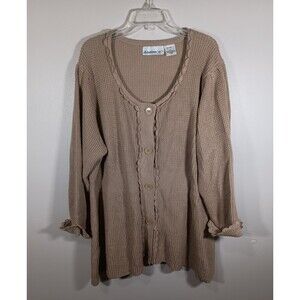 Denim 24/7 Waffle Knit Tan Big Button Scoop Neck Ruffle Sweater Plus Size 3X